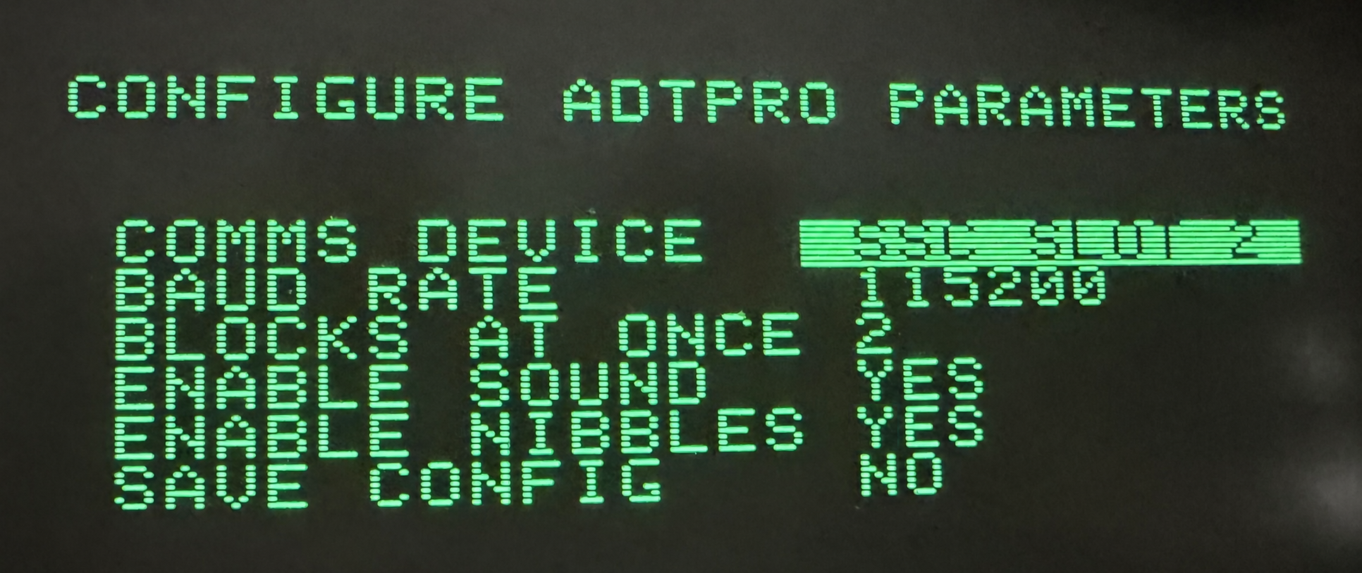 ADT Pro configuration menu on Apple II showing serial settings